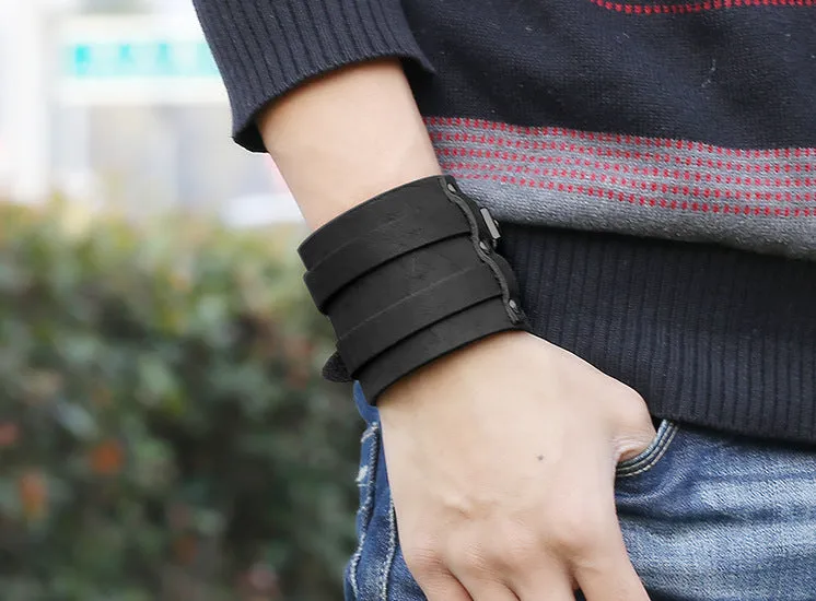 Two Strap Black Suede Leather Bracelet Gauntlet