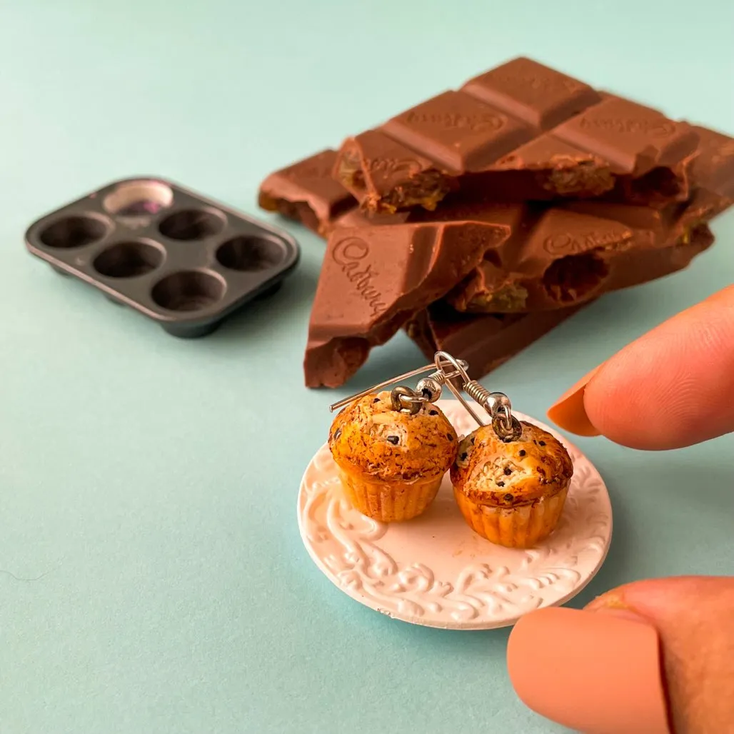 Vanilla Muffin With Chocolate Chip Miniature Food Earrings