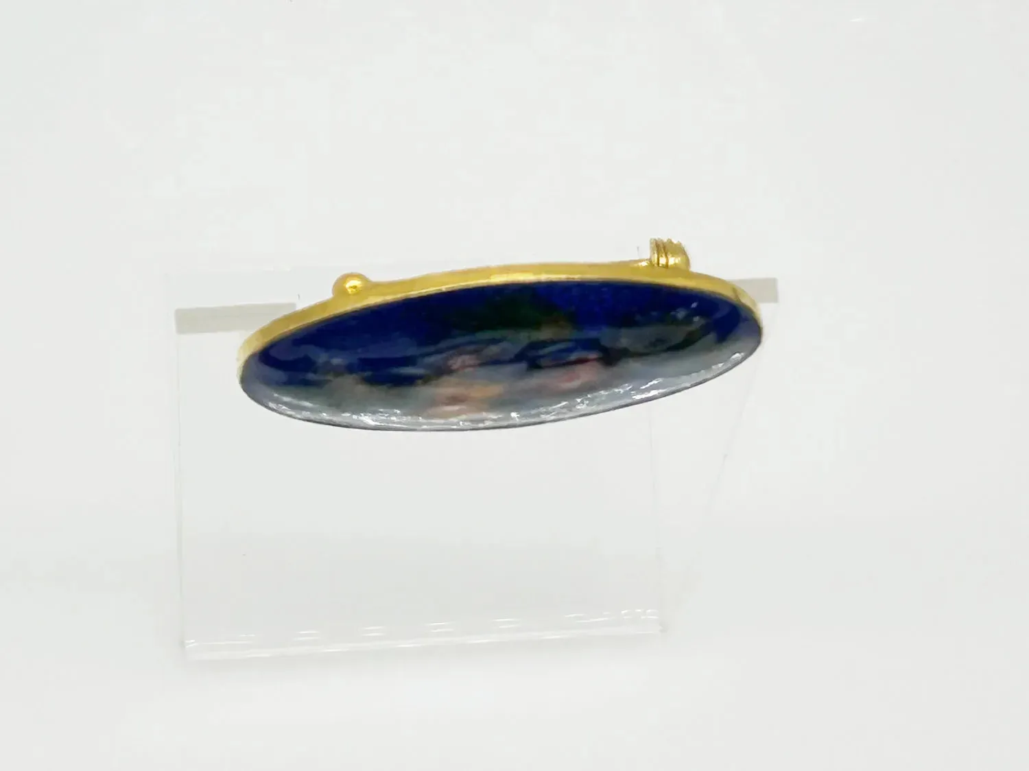 Vintage Deep Blue Enamel Oval Floral Brooch