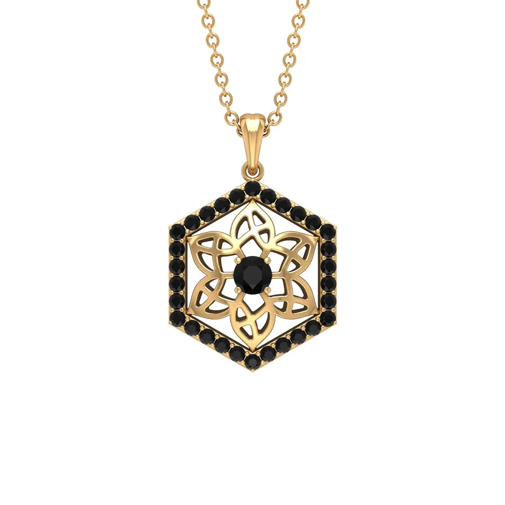 Vintage Inspired Flower Pendant Necklace with Black Diamond