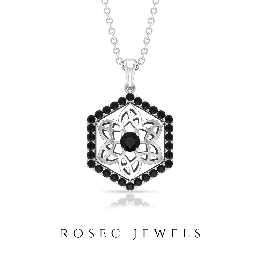 Vintage Inspired Flower Pendant Necklace with Black Diamond