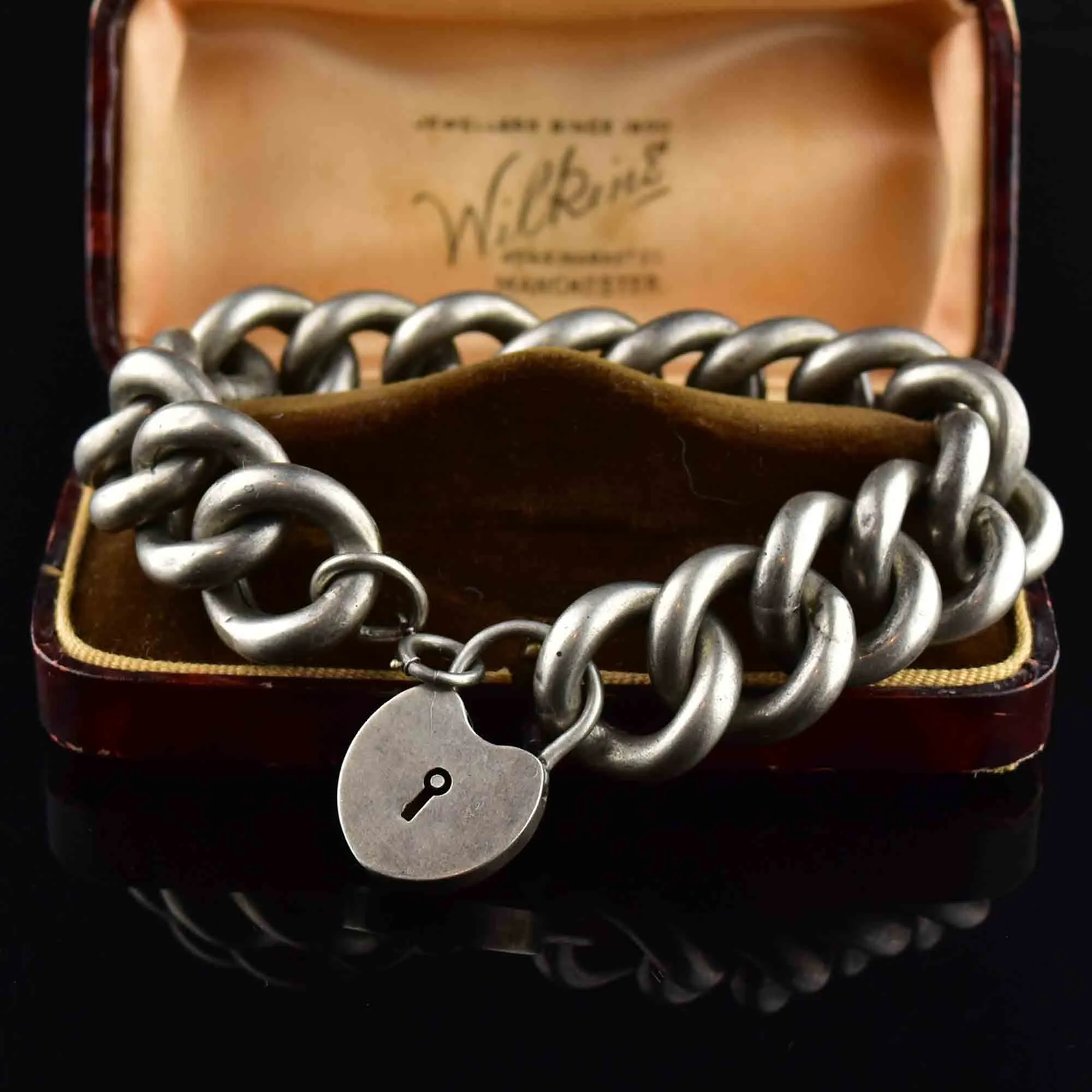 Vintage Silver Heart Padlock Curb Chain Bracelet