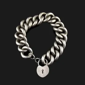 Vintage Silver Heart Padlock Curb Chain Bracelet