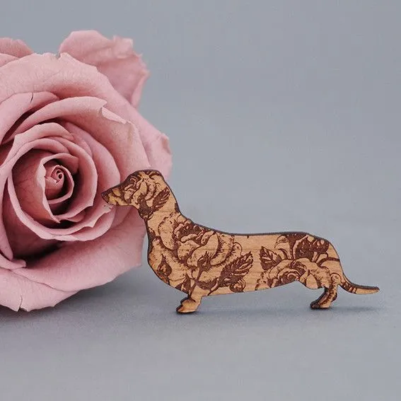 Wooden Rose Dachshund Brooch