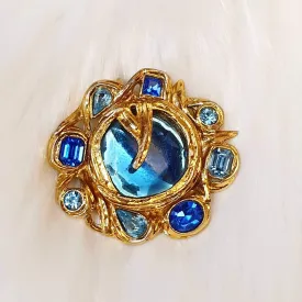 YSL brooch Vintage Blue Glass Gold Pendant Large