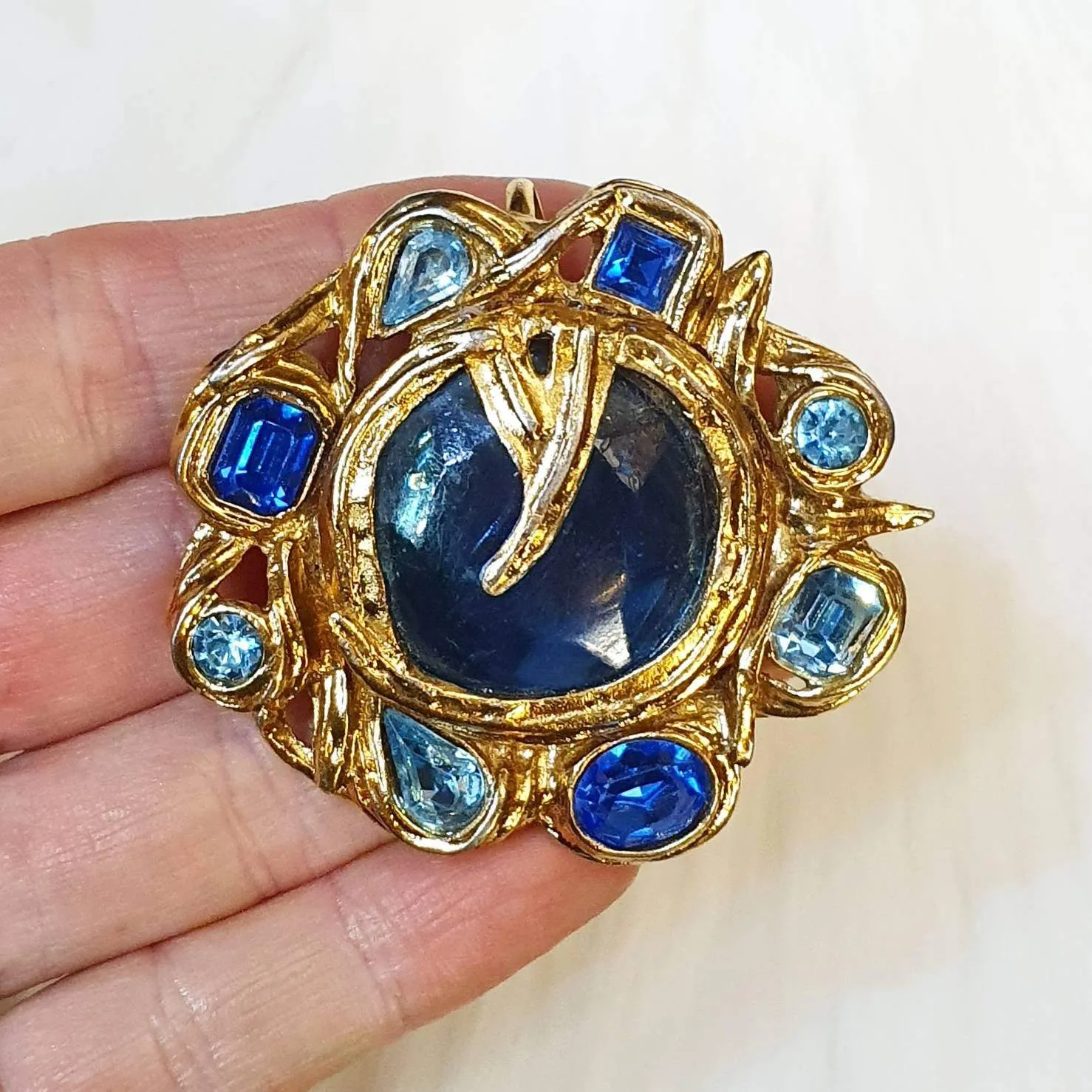 YSL brooch Vintage Blue Glass Gold Pendant Large