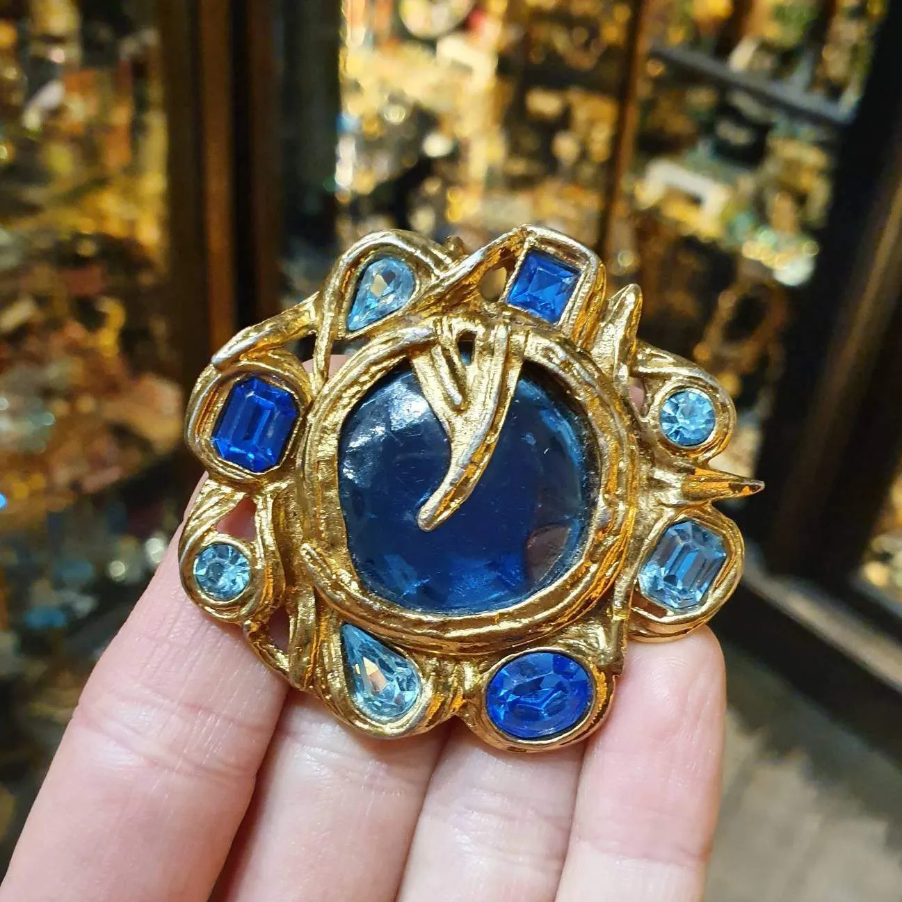 YSL brooch Vintage Blue Glass Gold Pendant Large