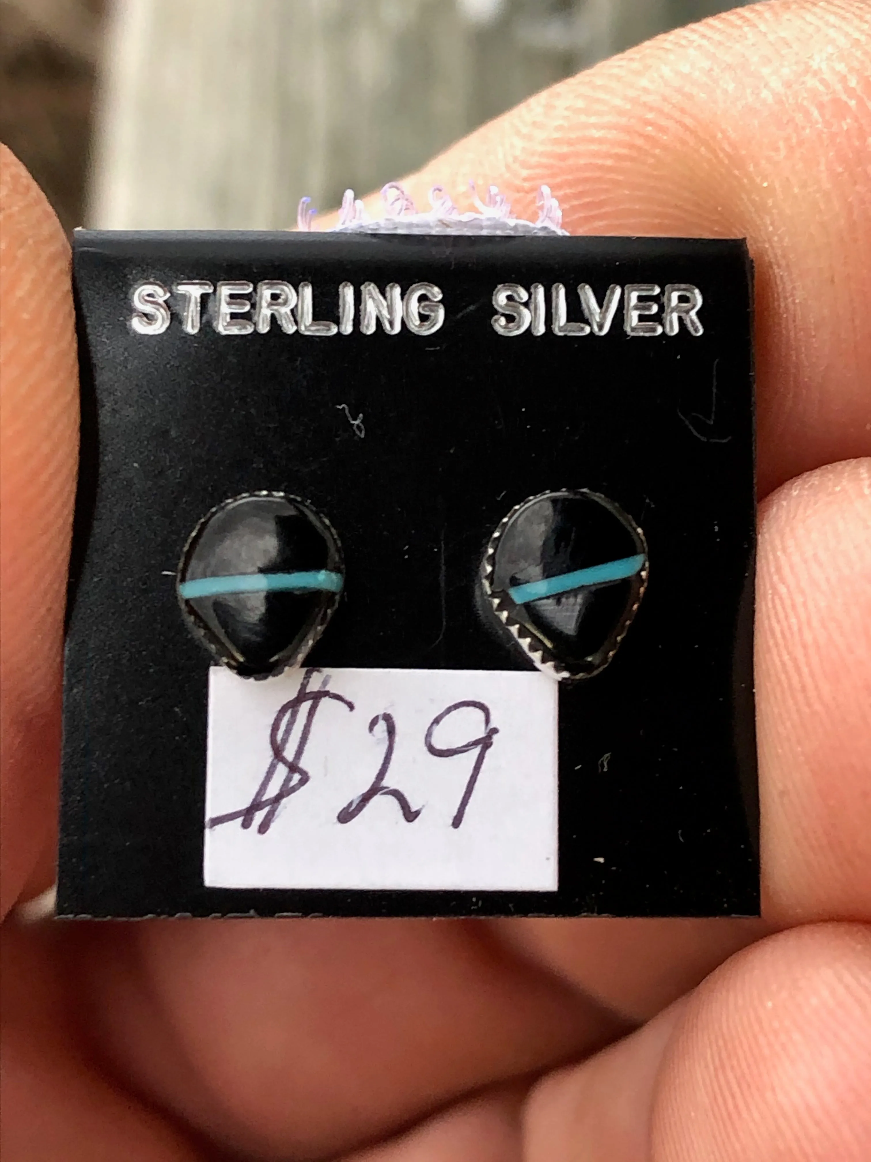 Zuni Turquoise and black jet sterling silver studs